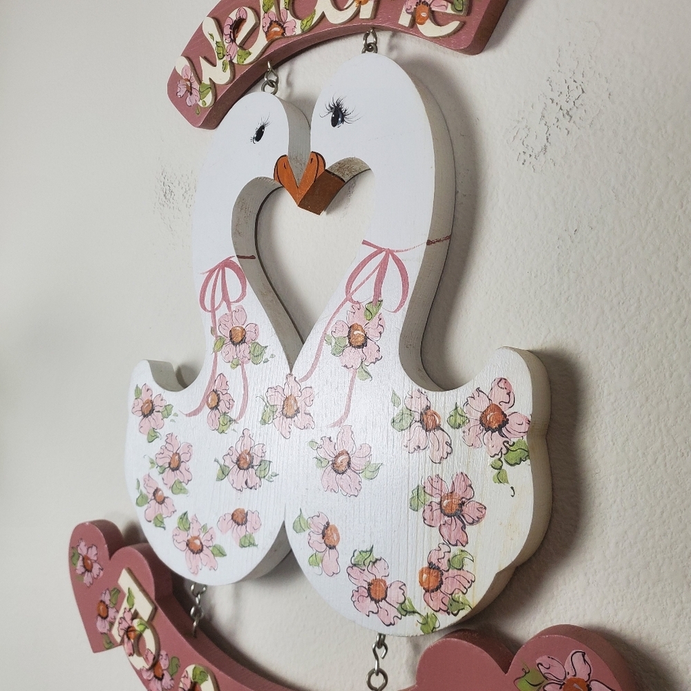 Floral Swan Wooden Wall Sign Pink Hues Hand Painted - Picture 5 of 11